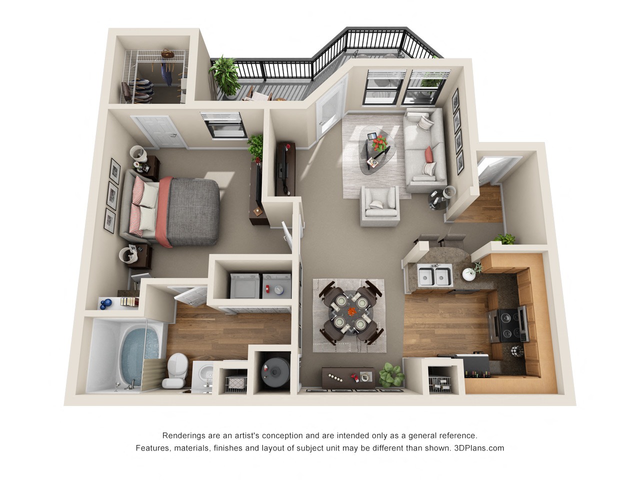 Floor plan for 1 bed, 1 bath, 727 sqft